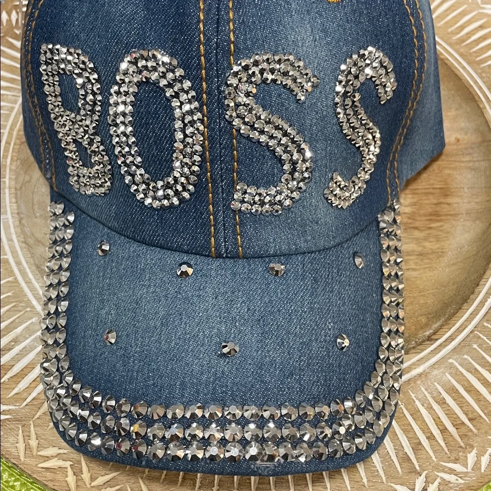 Distressed Denim Cap with Rhinestone 'BOSS' Design - Picture 4 of 10